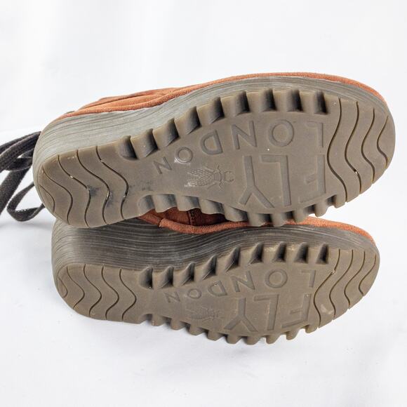 Anthropologie’s Fly London Suede Yama Rust Orange Ankle Booties Womens 36 US 5.5 - Picture 15 of 16